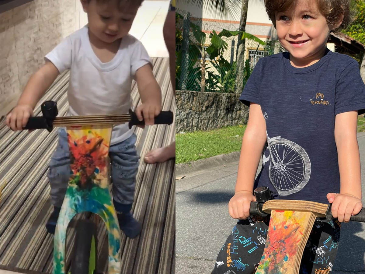 Depoimento da Tatiane: o filho Raul pedalando a Biciquetinha pintada por ele com tinta colorida