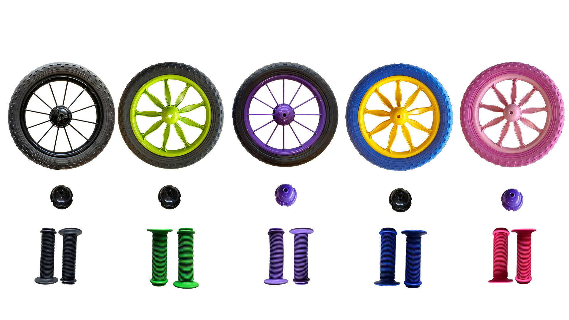 As cinco combinações de cor de roda e manopla lado a lado: preto, verde, roxo, azul com amarelo e rosa